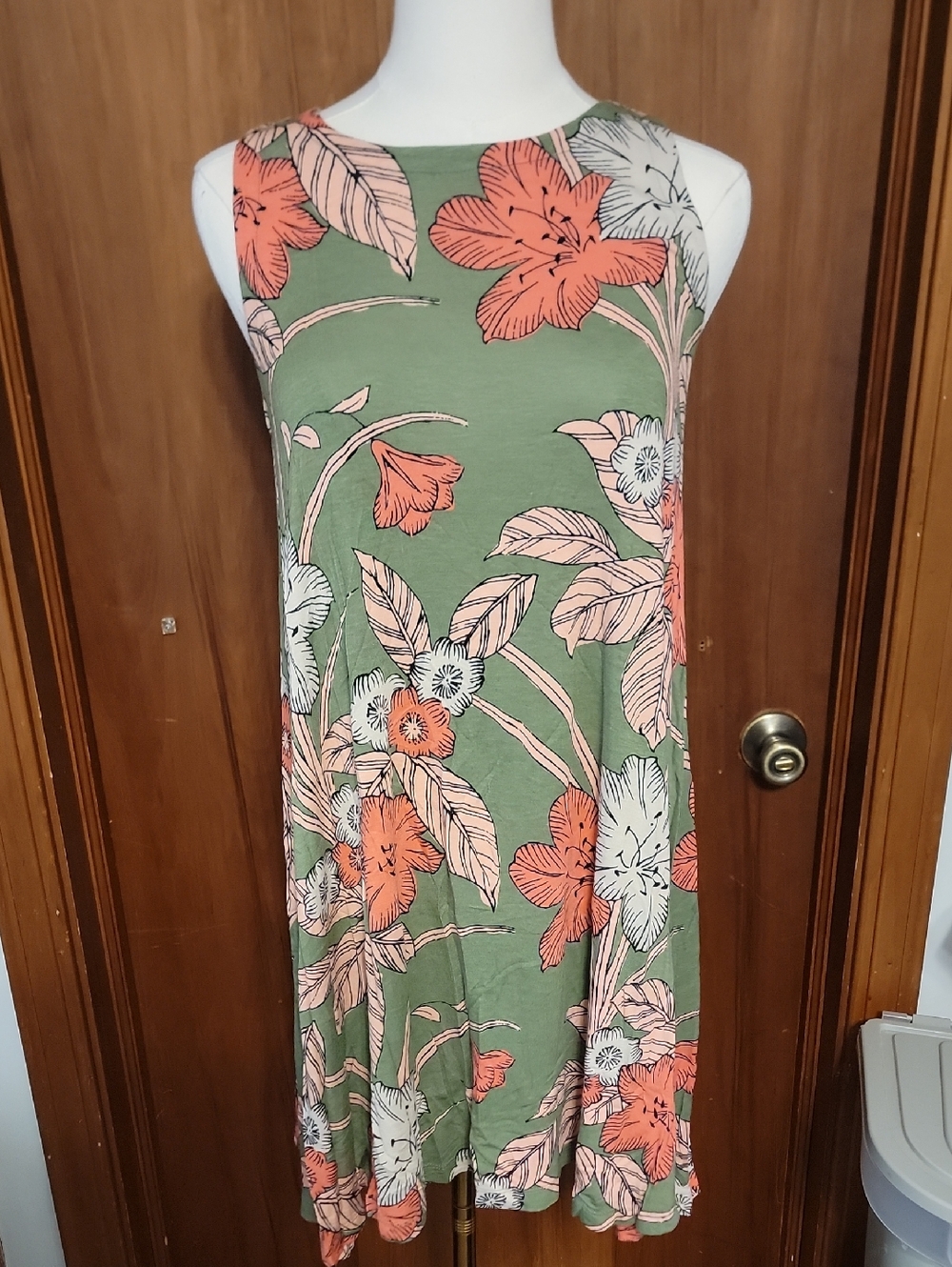 Sleeveless Floral Swing Dress in Olive Green and Coral